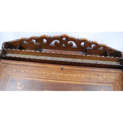 176 - 19th Century Italian Sorrento ware writing slope with pierced scroll gallery above a fall front deco... 