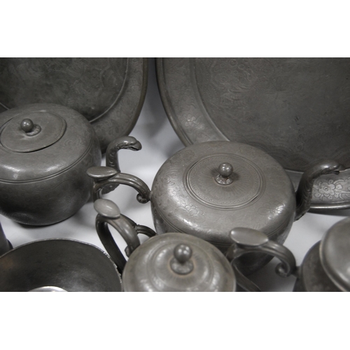 175 - Collection of Chinese export pewter tablewares by Kut Hing to include two water jugs, two coffee pot... 