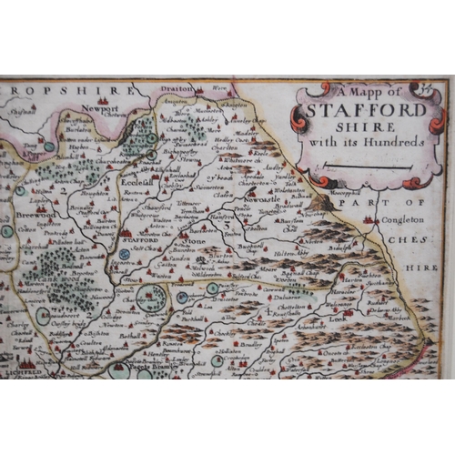 178 - Hand-coloured map, 'Staffordshire with its Hundreds', printed for Richard Blome, London 1671, later ... 