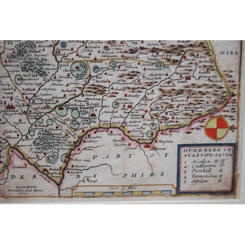 178 - Hand-coloured map, 'Staffordshire with its Hundreds', printed for Richard Blome, London 1671, later ... 