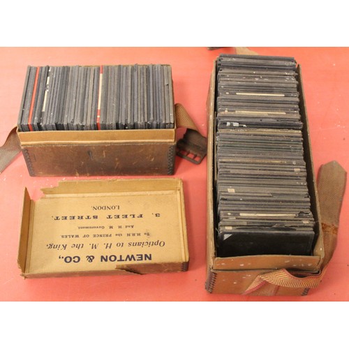 80 - Two boxes of approx 119 mixed monochrome & colour glass slides many by Newton & Co, comprisi... 