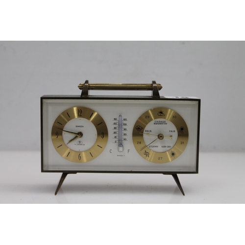 18 - Swiza brass and glass clock barometer, 14.5cm.