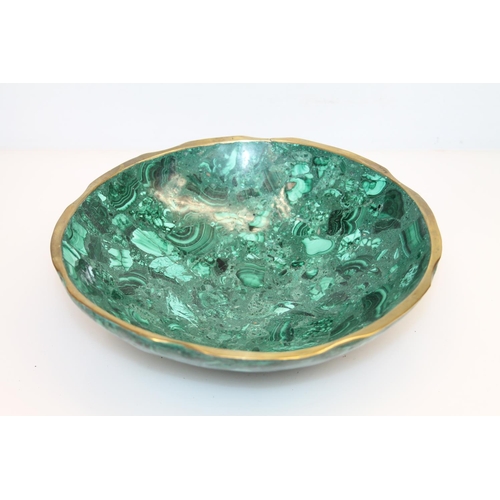 38 - Malachite bowl with brass rim, 22cm diameter.