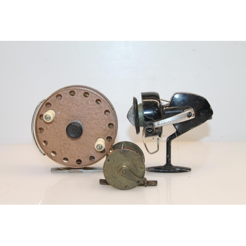 54 - Vintage brass fishing reel & two others, (3).