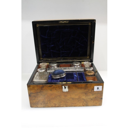 6 - Victorian walnut hinge top box with fitted interior including glass toilet jars and a silver mounted... 