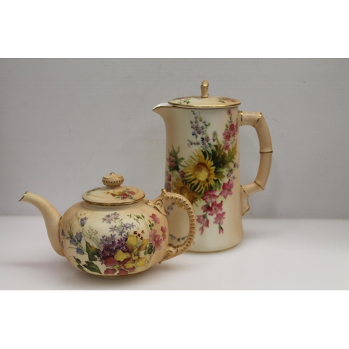 98 - Royal Worcester blush ivory floral decorated teapot & hot water pot.