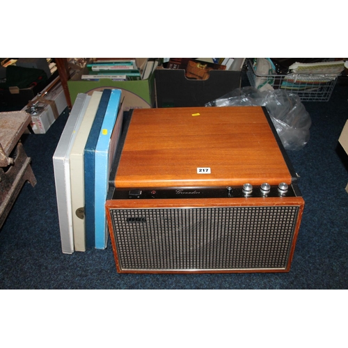 217 - Teak cased Grenadier Hacker record player, and records.