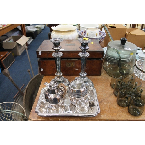 220 - Pair of cast iron candlesticks, a treen pot, etc.