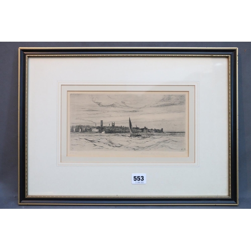 553 - CHARLES GUSTAV LOUIS PHILLIPS (Dundee based artist 1863-1944), coastal townscape, etching, pencil si... 