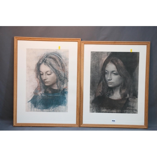 554 - 20TH CENTURY SCHOOL, portraits of a female, pair of prints, oak frames 65cm x 52cm. (2)