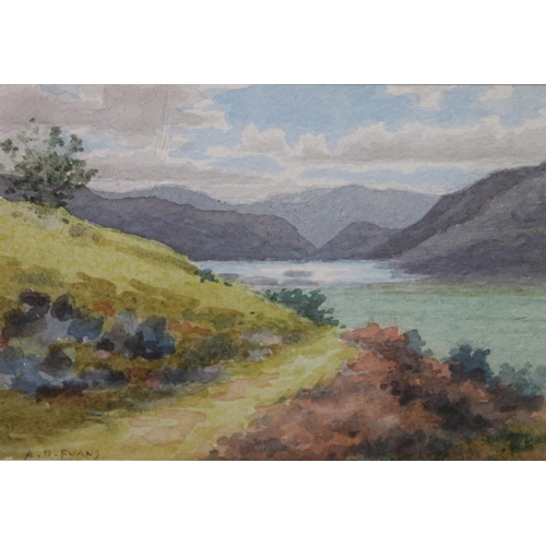 563 - A D EVANS, Highland loch scene, watercolour, signed lower left, 9cm x 13cm, frame 21cm x 25cm. 