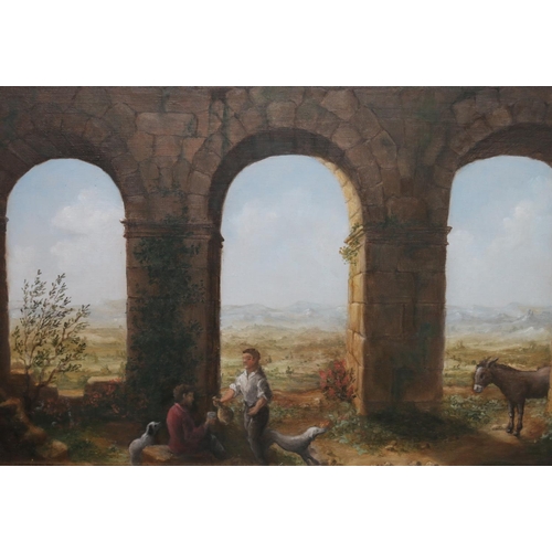 564 - 20TH CENTURY SCHOOL, figures drinking wine with dogs and a donkey in an old ruin, oil on canvas, 18c... 