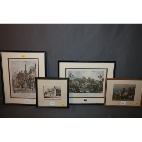 566 - Four prints to include Pembroke Hall Cambridge, hunter, Winchester and The Market Cross Winchester. ... 