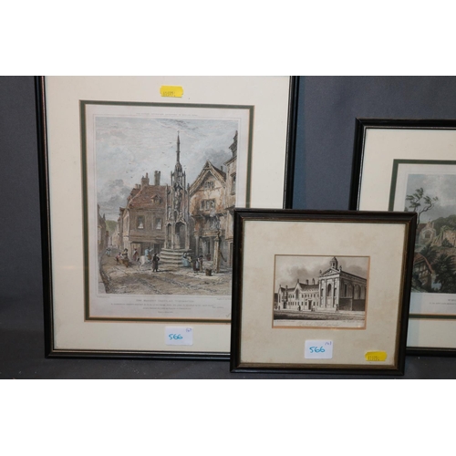 566 - Four prints to include Pembroke Hall Cambridge, hunter, Winchester and The Market Cross Winchester. ... 