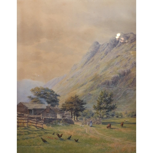 567 - MARY BACKHOUSE BIGLAND (English b1844), farm before a mountain, watercolour, signed and dated 1876 l... 