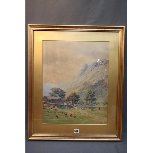 567 - MARY BACKHOUSE BIGLAND (English b1844), farm before a mountain, watercolour, signed and dated 1876 l... 