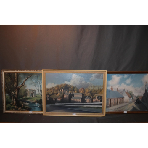 574 - DOROTHY GREEN of Lasswade, three oil paintings to include Ravenscroft Gilmerton, Lasswade Bridge and... 