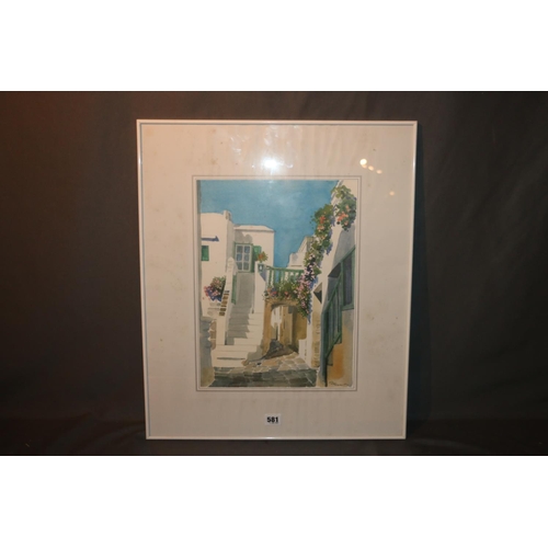 581 - E EHMITHS, Greek town scene, print, 39cm x 29cm, frame 60cm x 50cm.