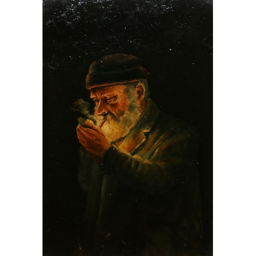 582 - 19TH CENTURY SCHOOL, portrait of an elderly gentleman smoking a pipe, oil, unsigned, 29cm x 19cm, gi... 