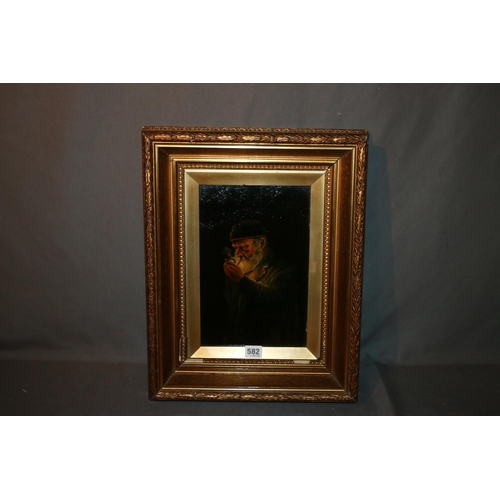 582 - 19TH CENTURY SCHOOL, portrait of an elderly gentleman smoking a pipe, oil, unsigned, 29cm x 19cm, gi... 