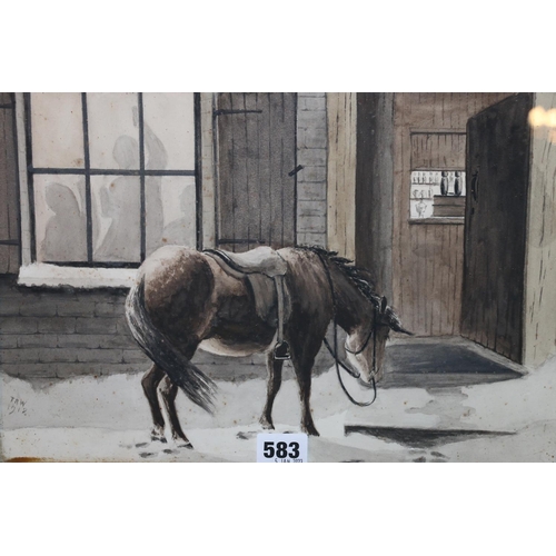 583 - TRW, horse left out in the snow outside a public house, watercolour and gouache, signed with initial... 