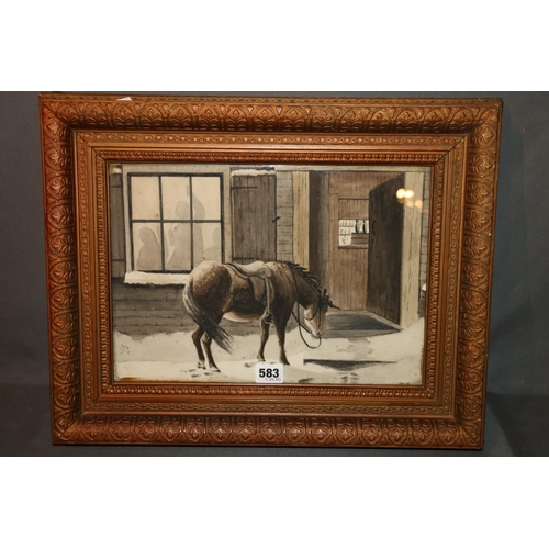 583 - TRW, horse left out in the snow outside a public house, watercolour and gouache, signed with initial... 