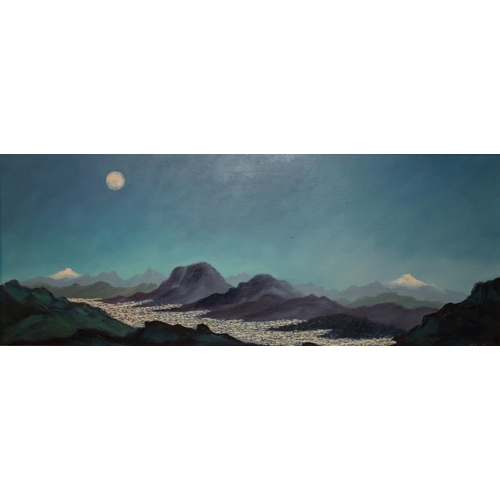 584 - M ONATE, moonlit mountain tops, oil on canvas, signed and dated '89 lower right, 23.5cm x 58.5cm, fr... 