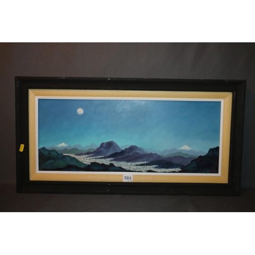 584 - M ONATE, moonlit mountain tops, oil on canvas, signed and dated '89 lower right, 23.5cm x 58.5cm, fr... 