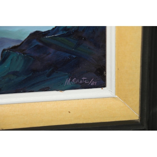 584 - M ONATE, moonlit mountain tops, oil on canvas, signed and dated '89 lower right, 23.5cm x 58.5cm, fr... 