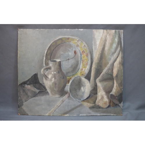 586 - J R SUTHERLAND, still life jug and ladle, oil on board, signed verso, 44cm x 53cm. 