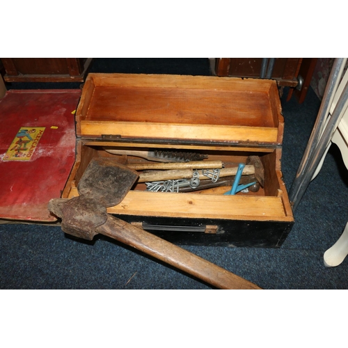 718 - Tools in box and an axe.