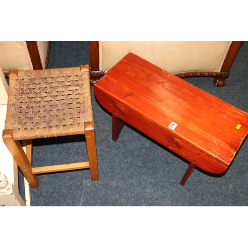 719 - Rush seat stool and a vintage footstool.