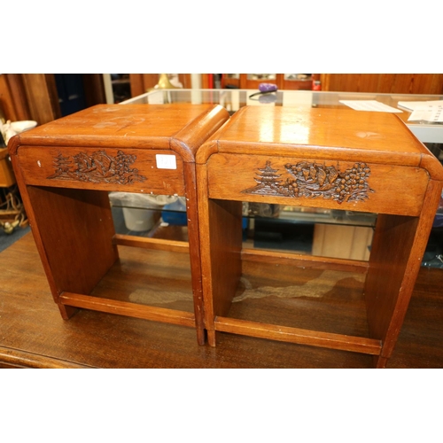 721 - Pair of oriental carved hardwood occasional tables, 42cm high.