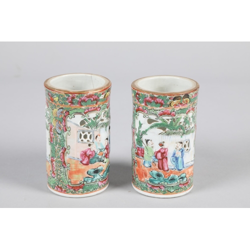 4 - Pair of late 19th century Chinese / Canton enameled cylindrical vases; decorated with figures; 11cm ... 