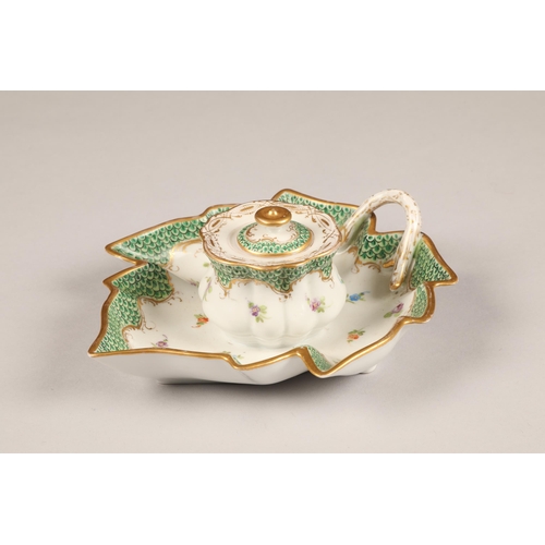 37 - 19th century Dresden porcelain ink well, mounted to leaf shaped bowl, floral decoration with a green... 