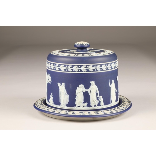 49 - A Wedgewood blue and white Jasperware cheese dish; decorated with classical figures; 28cm high