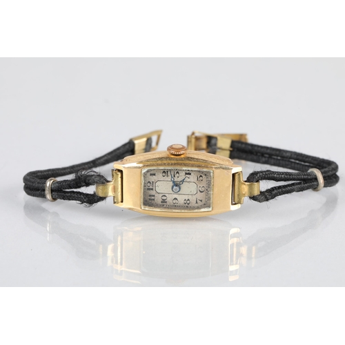 111 - 18 carat yellow gold cased ladies Art Deco wristwatch; with Arabic numerals