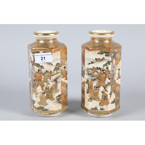 21 - Pair of Japanese Meiji period hexagonal porcelain Satsuma vases; decorated with panels of warriors; ... 