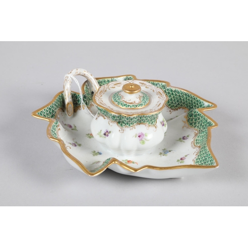 37 - 19th century Dresden porcelain ink well, mounted to leaf shaped bowl, floral decoration with a green... 