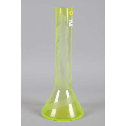 43 - Bright yellow / green glass vase; with elongated neck; etched with nude female; 38cm high