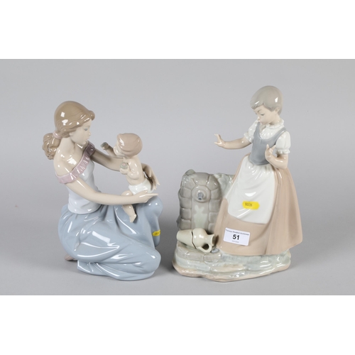 51 - Two large Lladro porcelain figures; Lady with a Baby; together with a Lady with a Broken Ewer; marks... 