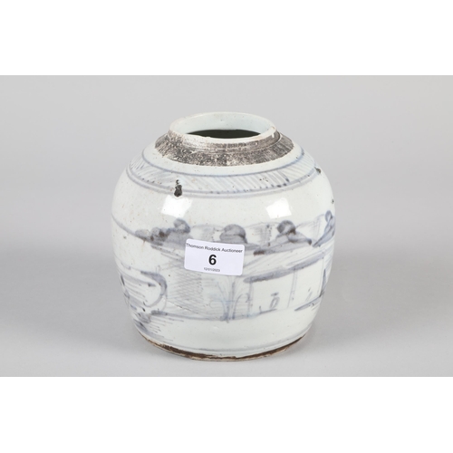 6 - 19th century Chinese blue and white pottery ginger jar; remains of label to base; 16.5cm high