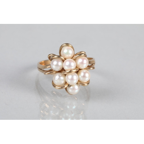 67 - 9 carat yellow gold pearl set flower head cluster ring; ring size N; 4.1g gross weight