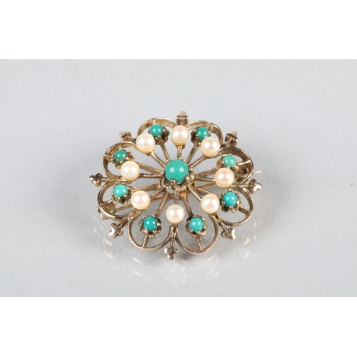 75 - 9 carat yellow gold pearl and green hardstone set brooch; 9.3g gross weight