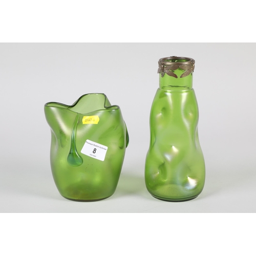 8 - Loetz style handkerchief green glass vase; together with a brass mounted green glass vase (2)