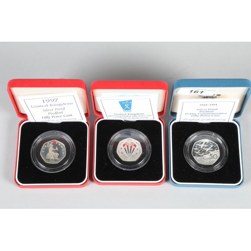 161 - Three cased commemorative Royal Mint Piedfort Fifty pence coins; 50th Anniversary of D-Day; 50th Ann... 