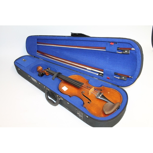 235 - The Stentor violin with three bows in fitted case.