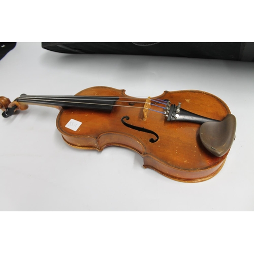 235 - The Stentor violin with three bows in fitted case.