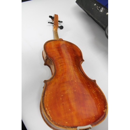 235 - The Stentor violin with three bows in fitted case.