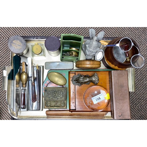 288 - Assortment of items to include Aspinell Garrard green leather desk tidy, mahogany travel mirror, Pew... 